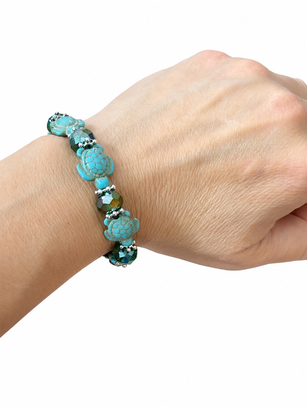 Turquoise Sea Turtle & Green Faceted Bead Stretch Bracelet
